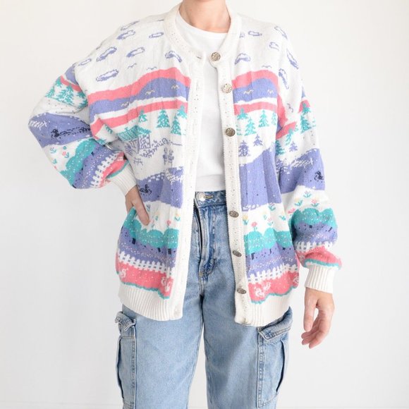 Sweaters - Vintage Northern Reflection Cream Cottage Theme Knit Cardigan Large